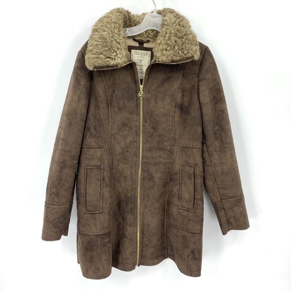 Guess Jackets & Blazers - GUESS Faux Suede Shearling Coat Dark Brown Full Zip Faux Fur Collar Womens Large